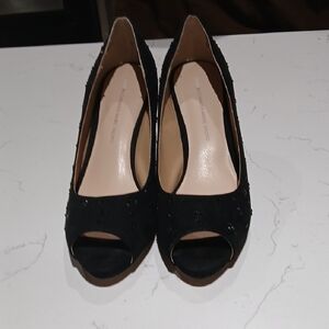 Carmen Marc Valvo Black Suede Peep-Toe Heels